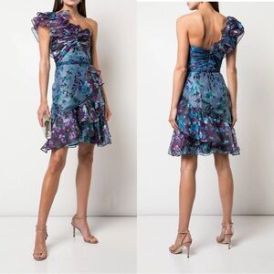 Marchesa One Shoulder Floral Colorblock Cocktail Dress In Blue/Purple Sz 4 NWOT